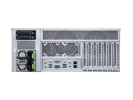 Rear view of a rack-mounted server chassis with cooling fans, power supplies, and I/O ports on the back panel.
