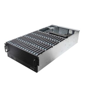 Open-frame rack-mount server chassis with many hot-swappable drive trays at the front and empty rear slots