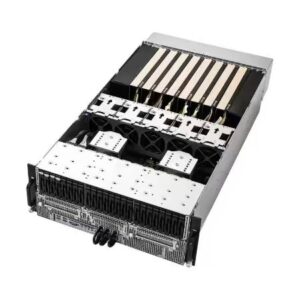 Open server blade/chassis with multiple expansion cards, cooling fans, and front connectors visible.