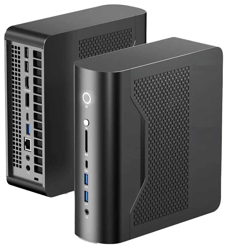 Two black compact desktop computers shown from the side and front, highlighting perforated side panels and front USB/HDMI ports in a modern setup.