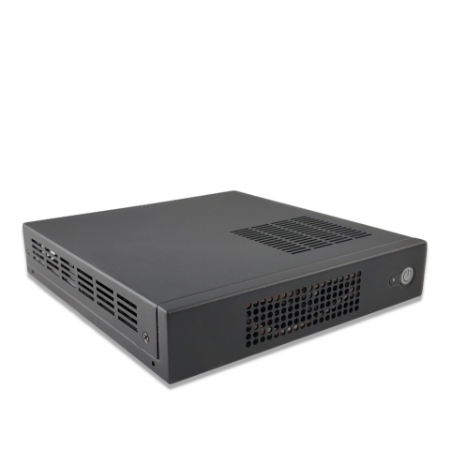 Black compact server or network appliance with ventilation grilles on the sides and a power button on the front-right panel