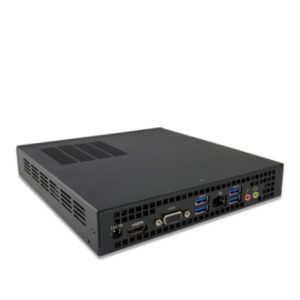 Compact black mini PC viewed from the side rear, showing multiple ports: HDMI, VGA, USB 3.0 ports, Ethernet, and audio jacks on the back panel