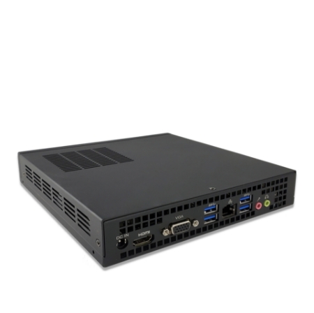 Compact black mini PC viewed from the side rear, showing multiple ports: HDMI, VGA, USB 3.0 ports, Ethernet, and audio jacks on the back panel