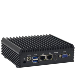 Fanless compact industrial PC with a ribbed aluminum heatsink and front I/O: DC power, USB ports, Ethernet, HDMI, and VGA connectors.
