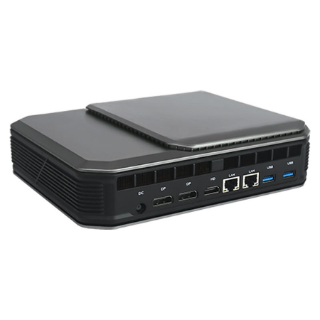Compact black mini PC with a hinged top cover, showing front ports (Ethernet, USB, HDMI) on a small form factor desktop.