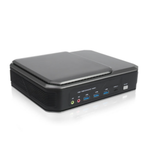 Compact mini PC with a two-tone gray lid and front I/O panel featuring USB ports and audio jacks.