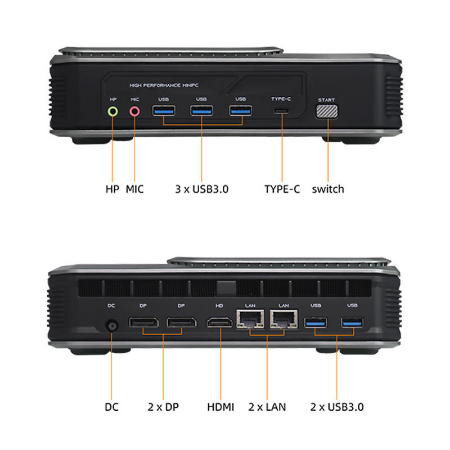 Two-view shot of a black mini desktop device showing front and back panels with labeled ports: front shows HP, MIC, 3x USB 3.0, USB-C/Type-C, and power switch; back shows DC power, 2x DP, HDMI, 2x LAN, and 2x USB 3.0 ports.