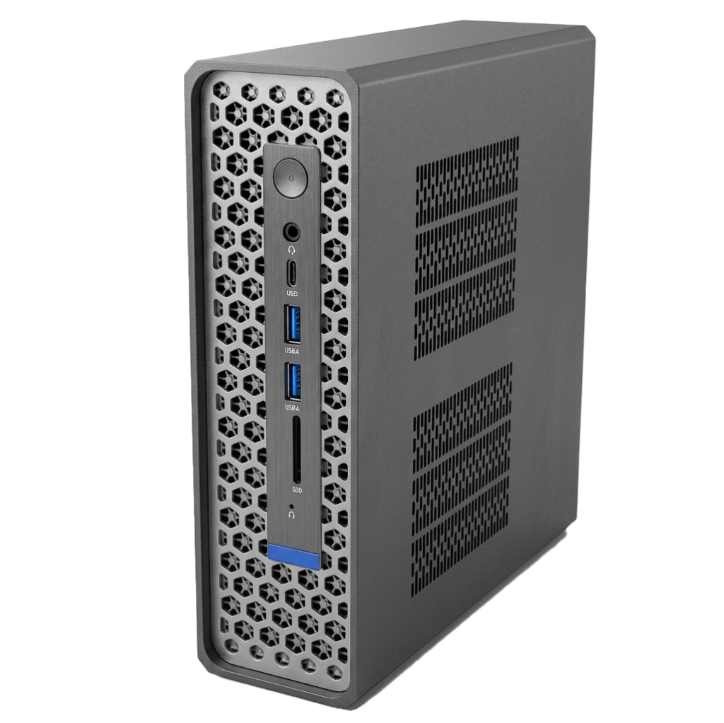 Front view of a gray desktop tower with honeycomb vent panel and USB, audio jacks, card reader, and blue-lit USB ports on the front panel