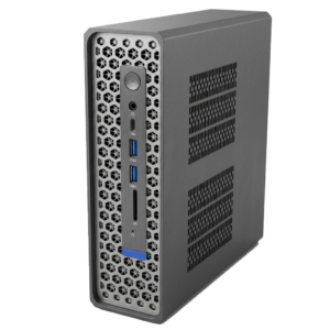 Front view of a gray desktop tower with honeycomb vent panel and USB, audio jacks, card reader, and blue-lit USB ports on the front panel
