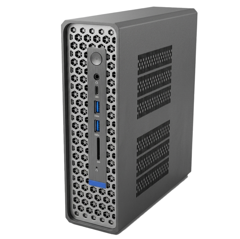 Front view of a gray desktop tower with honeycomb vent panel and USB, audio jacks, card reader, and blue-lit USB ports on the front panel