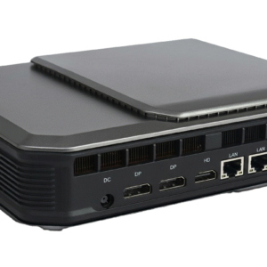Compact black mini PC with multiple rear ports: power input, two DisplayPort outputs, HDMI, two Ethernet LAN ports, and USB ports on a vented back panel.