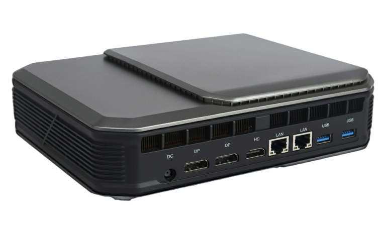 Compact black mini PC with multiple rear ports: power input, two DisplayPort outputs, HDMI, two Ethernet LAN ports, and USB ports on a vented back panel.