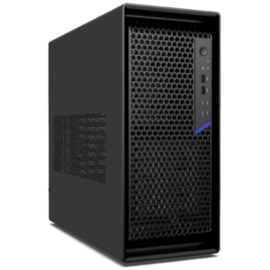 Black mid-tower PC case with a perforated front panel and front I/O ports (USB, power button).